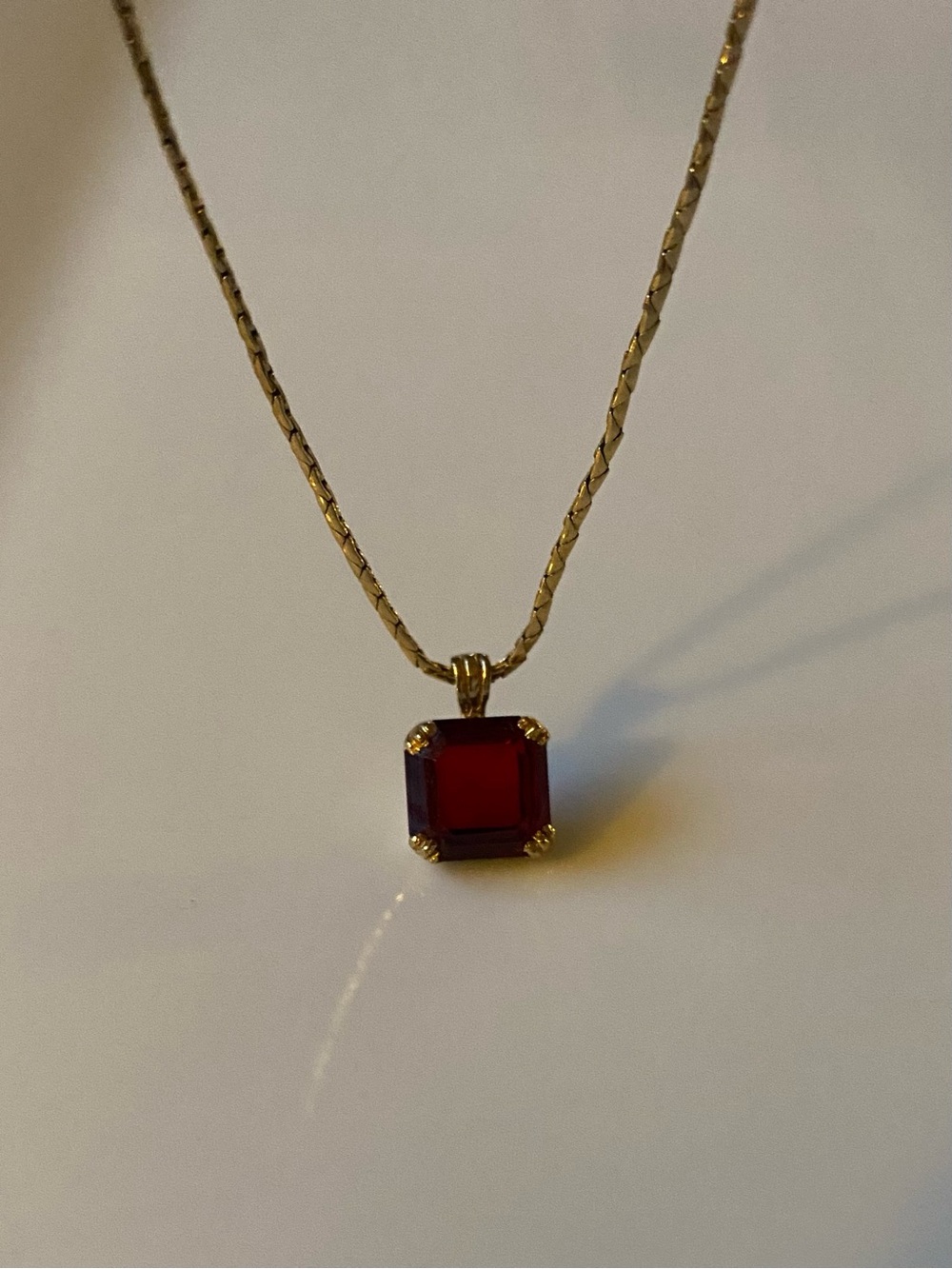 Avon Gold-Tone Necklace with Red Square Stone Pendant